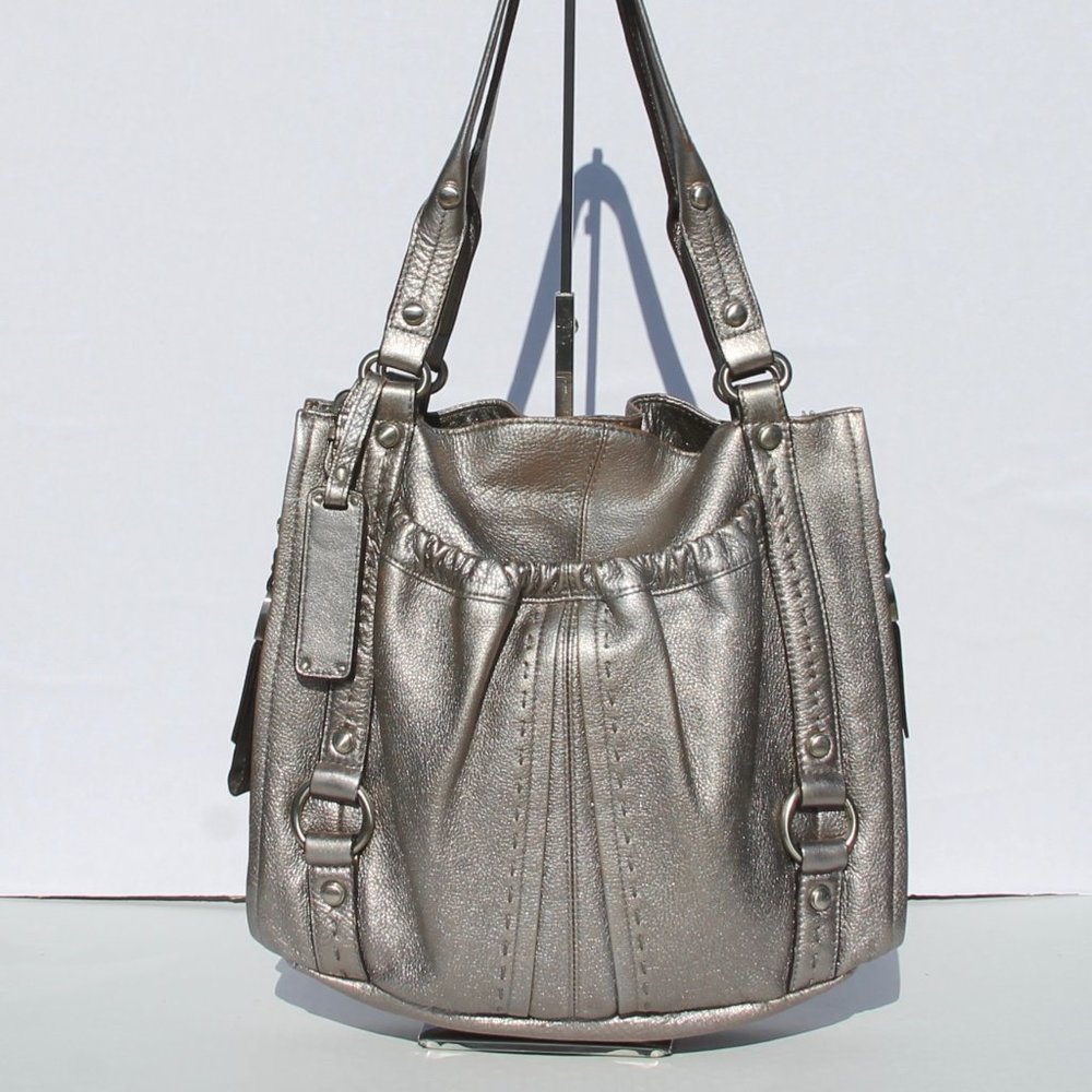 Large Silver Pebbled Leather B MAKOWSKY Hobo Style Bag with Bold Silver Accents